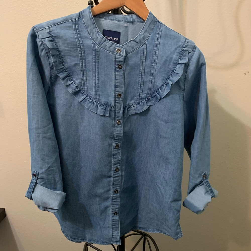 Cavalini  denim blouse ruffle chest NWT large